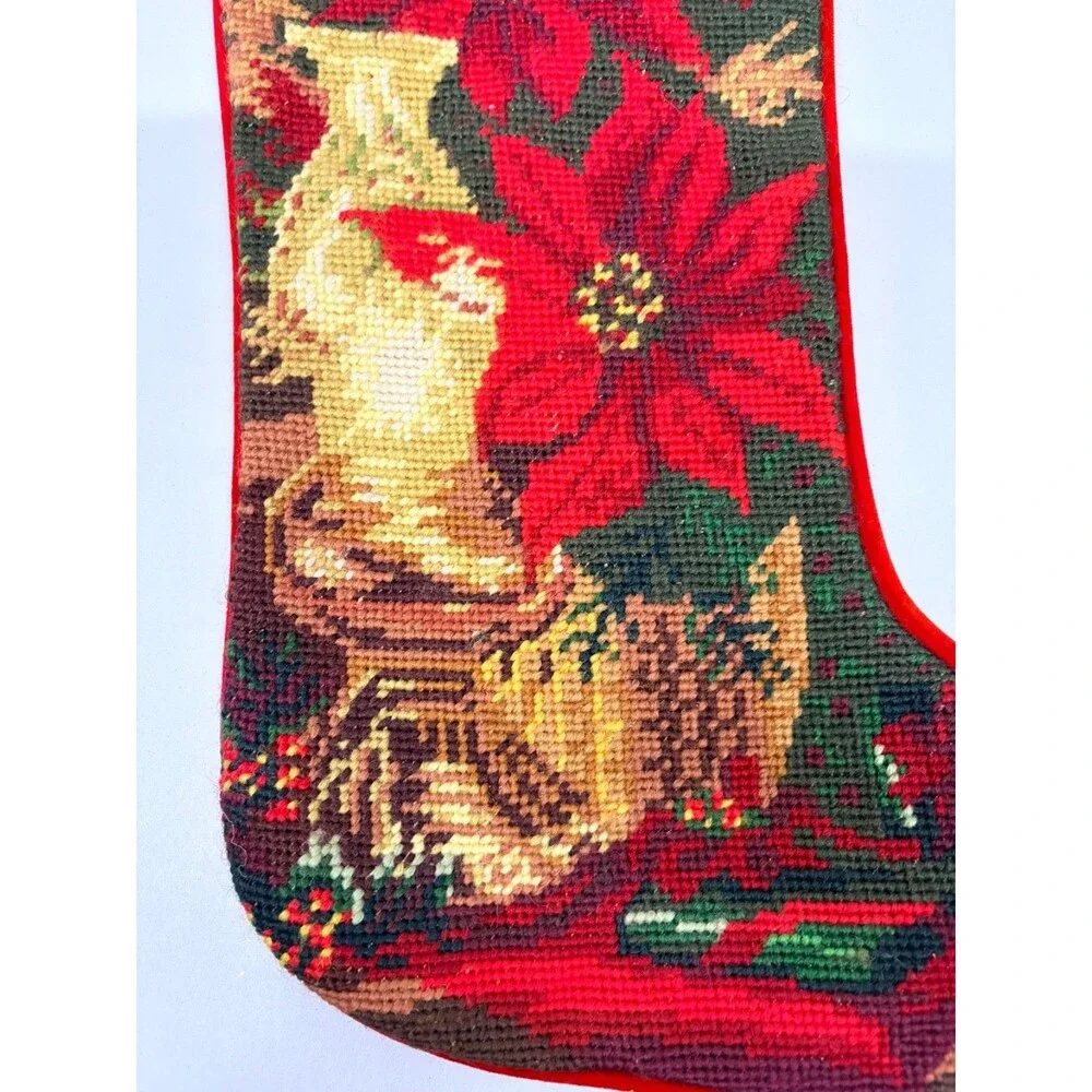 Vtg Wool Needle Point Christmas Stocking Red Velvet Poinsettias Oil Lamp